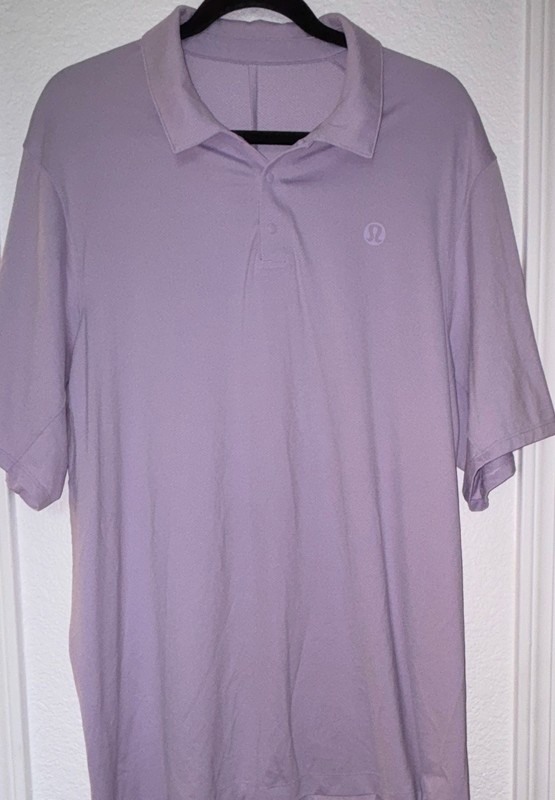 Lululemon Men's Purple Solid Short Sleeve Collared Button Polo Shirt Logo L