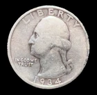 1934 Washington Silver Quarter - Medium Motto - 90% Silver - VG/F Condition