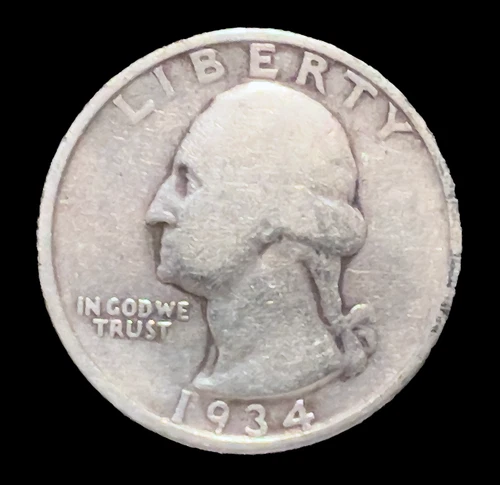 1934 Washington Silver Quarter - Medium Motto - 90% Silver - VG/F Condition