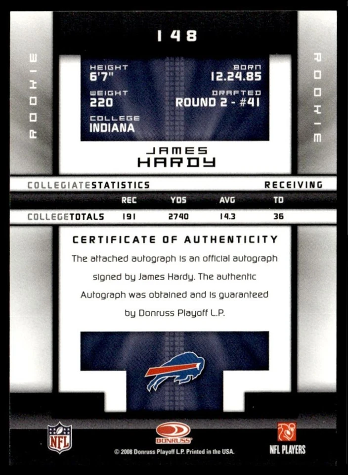 2008 Donruss Elite Rookie Auto James Hardy 283/299 #148 - Image 2 of 2