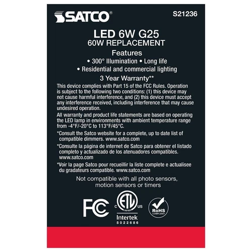 SATCO S21236 - 6 Watt G25 LED Globe Light Bulb - 4000K - 120 Volts (6 Pack) - Picture 4 of 7