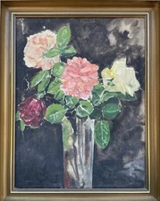 Unknown Painter Flower Still Life Roses IN One Glass Vase Oil Painting