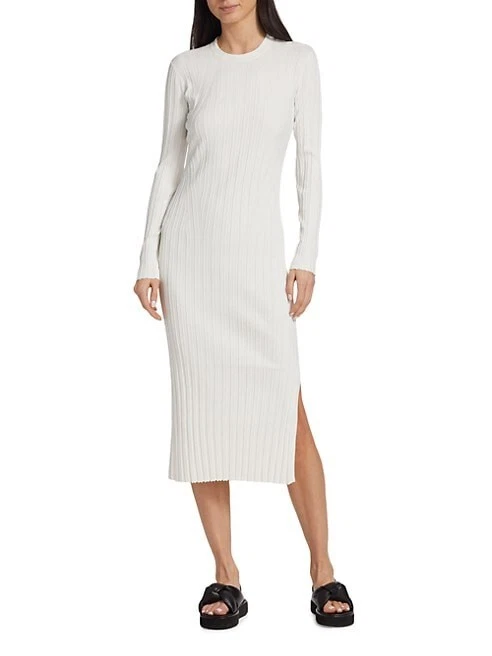 OFF WHITE MAGLIONE A COSTINE NUOVO CON ETICHETTE TELAIO BIANCO SPORCO GIROCOLLO MANICA LUNGA ABITO MIDI TAGLIA L $495