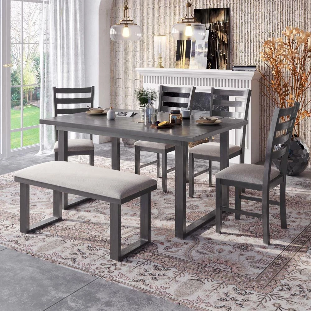 6Pcs Dining Table Set with 4 Upholstered Dining Chairs and Bench
