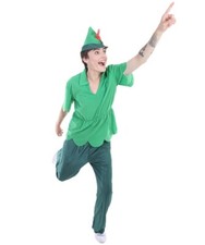 Peter Pan Lost Boy King Costume   Green Tunic, Pants  Feather Hat Halloween