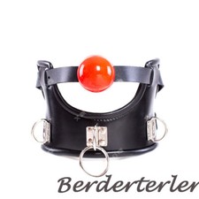 PU Padded Collar with Ball Open Mouth Gag Head Harness Restraint Slave