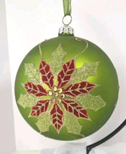 Frontgate Large Ornate Ornament Glass Christmas Green Bejeweled Floral 5"