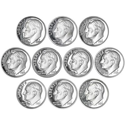 1980-1989 S Roosevelt Dime Gem DCam Proof Run 10 Coin Decade Set CN-Clad