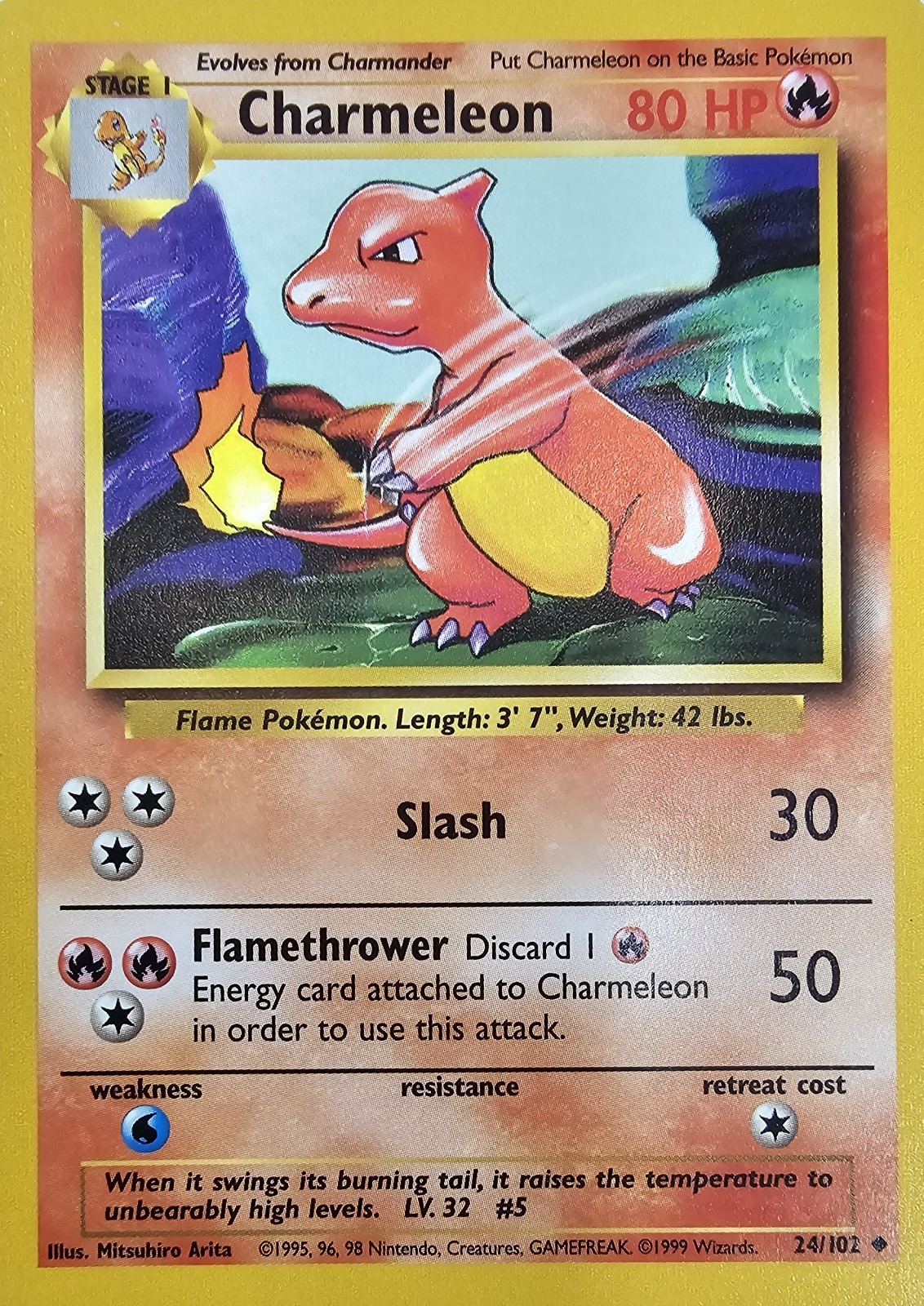 Charmeleon 24/102 Base Set Shadowless, Near Mint 1999 Original Card