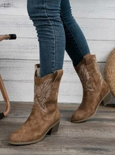 Women Pull On Western Mid Calf Boots Square Toe Cowboy Cowgirl Boots