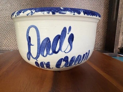 Vintage Oversize Stoneware Cobalt Blue Spongeware “Dad’s Ice Cream" Dessert Bowl