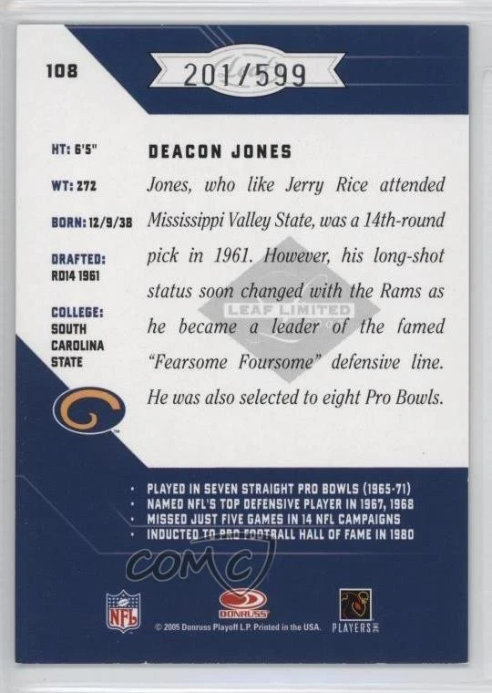 2005 Leaf Limited /599 Deacon Jones #108 HOF - Image 2 of 2