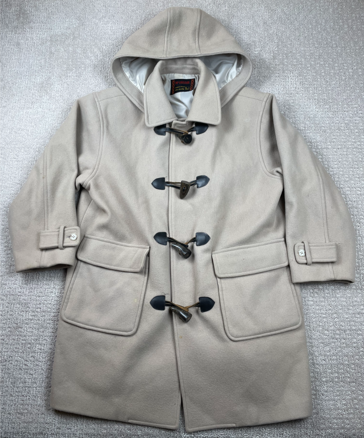 Vintage McGregor Duffle Coat Adult Large Beige Wool Toggle Hooded Lined Long