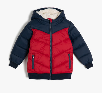KOTON Kids Boys Winter Puffer Anorak Coat Red &Navy Sherpa Lined Hooded