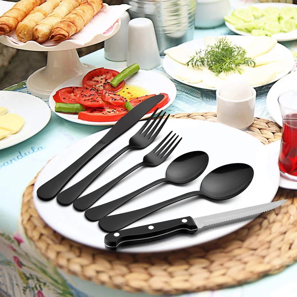 24-Piece Black Flatware Set with Stainless Steel Steak Knives & Storage Tray - Image 4 of 4