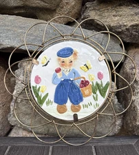 Vintage Lipper & Mann Dutch Boy Tile Trivet 6” Adjustable Metal Frame Basket