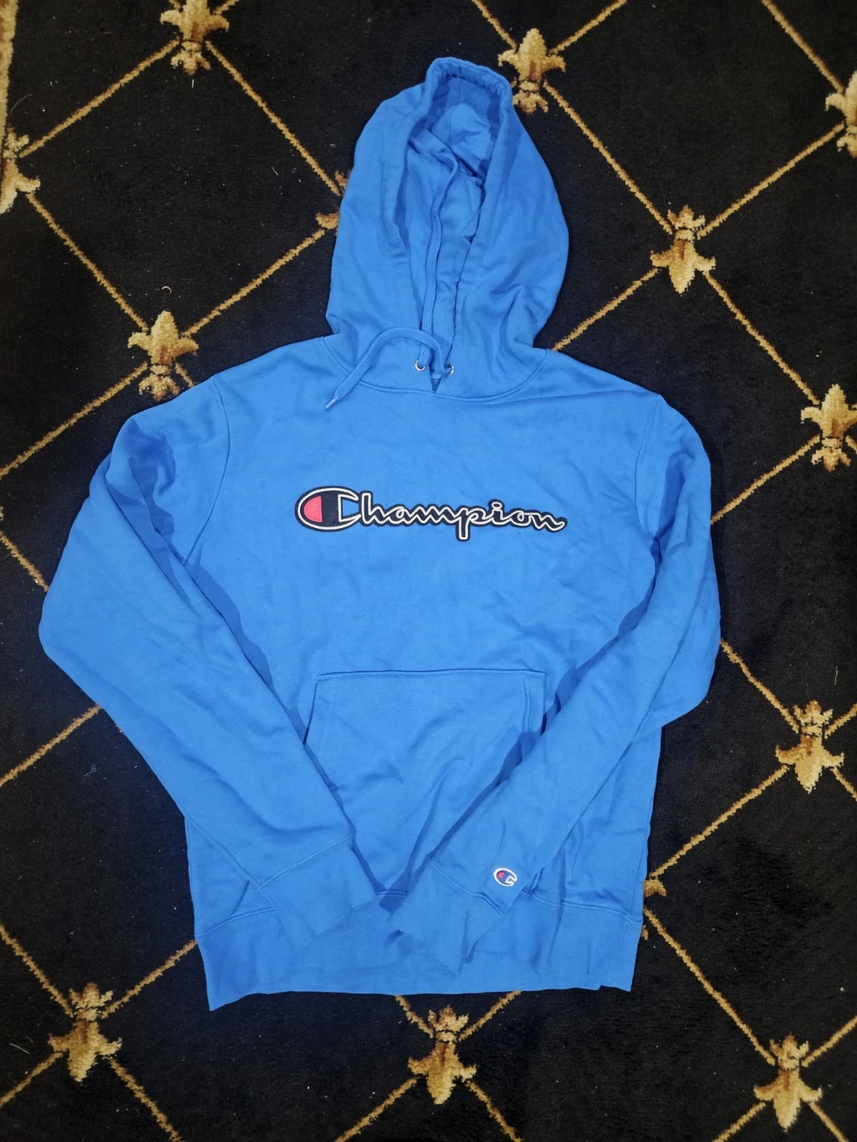 Champion Hoodie Mens Blue Sweater Pullover Fleece Spell Out Embroidered Size M