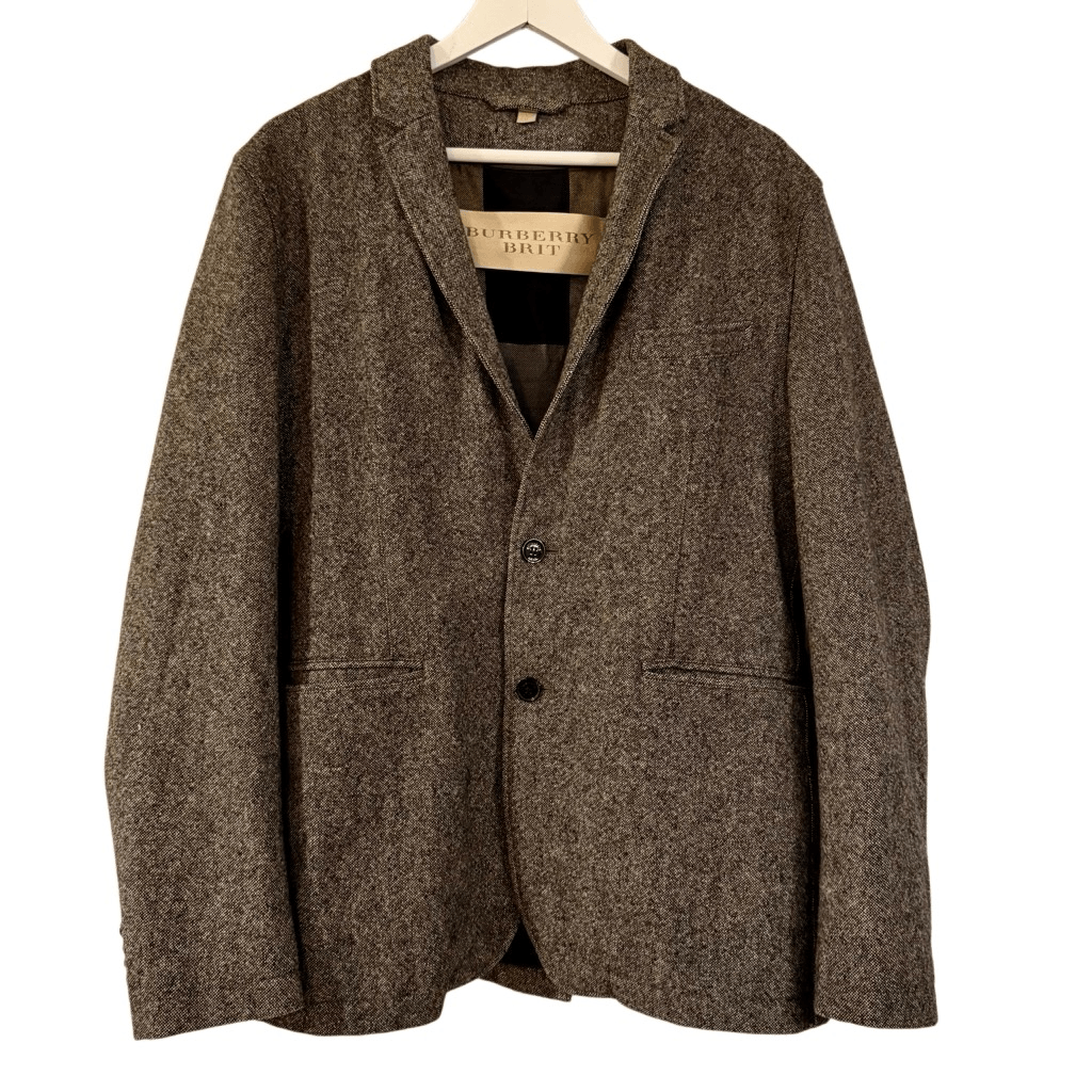 Burberry Brit grey tweed wool blend two button blazer jacket size large
