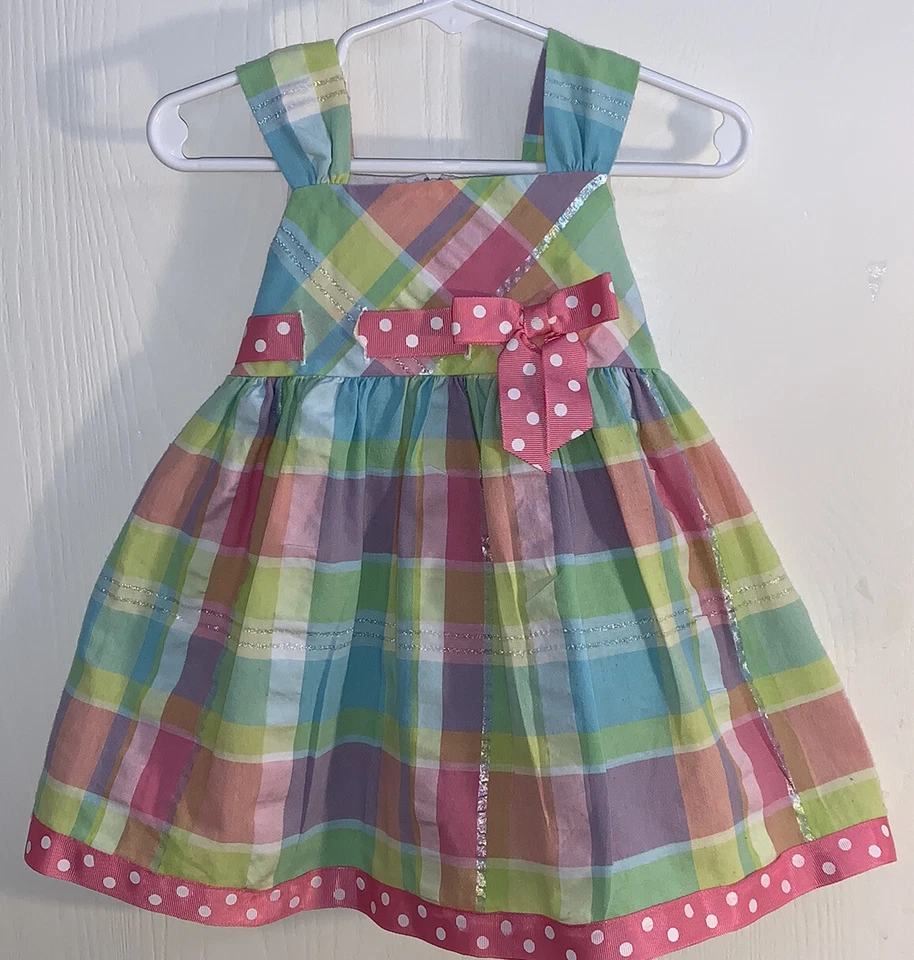 Bonnie Baby Baby Girl Sz 18M Sundress Pastel Plaid Pink Ribbon White Polka Dots - Image 2 of 4