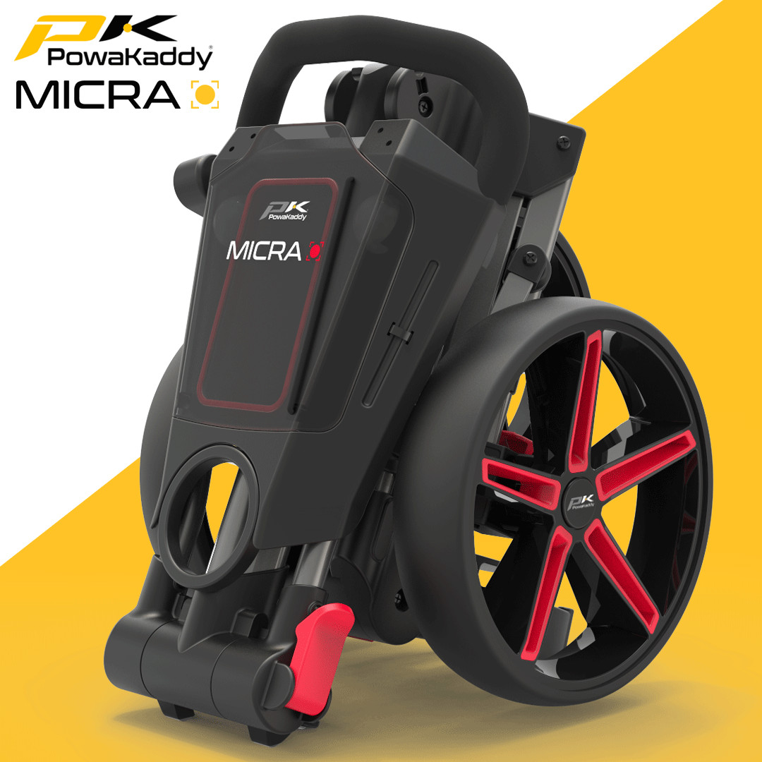 POWAKADDY 2025 MICRA GOLF TROLLEY / ULTRA COMPACT GOLF CART - GUNMETAL / RED
