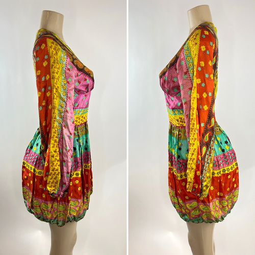 Mini Vestido Vintage Años 60 Colorido Mezcla Estampado Psicodélico Manga Larga Dobladillo Burbuja - Imagen 6 de 11