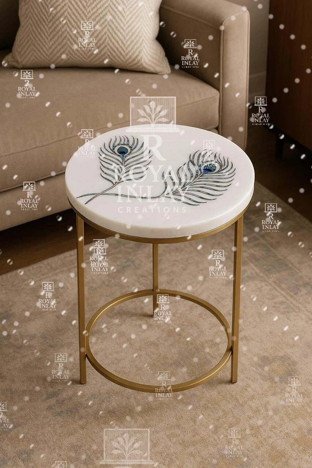 12" Peacock Feather Inlay Table – White Marble Round Handmade Side Table - Image 4 of 4