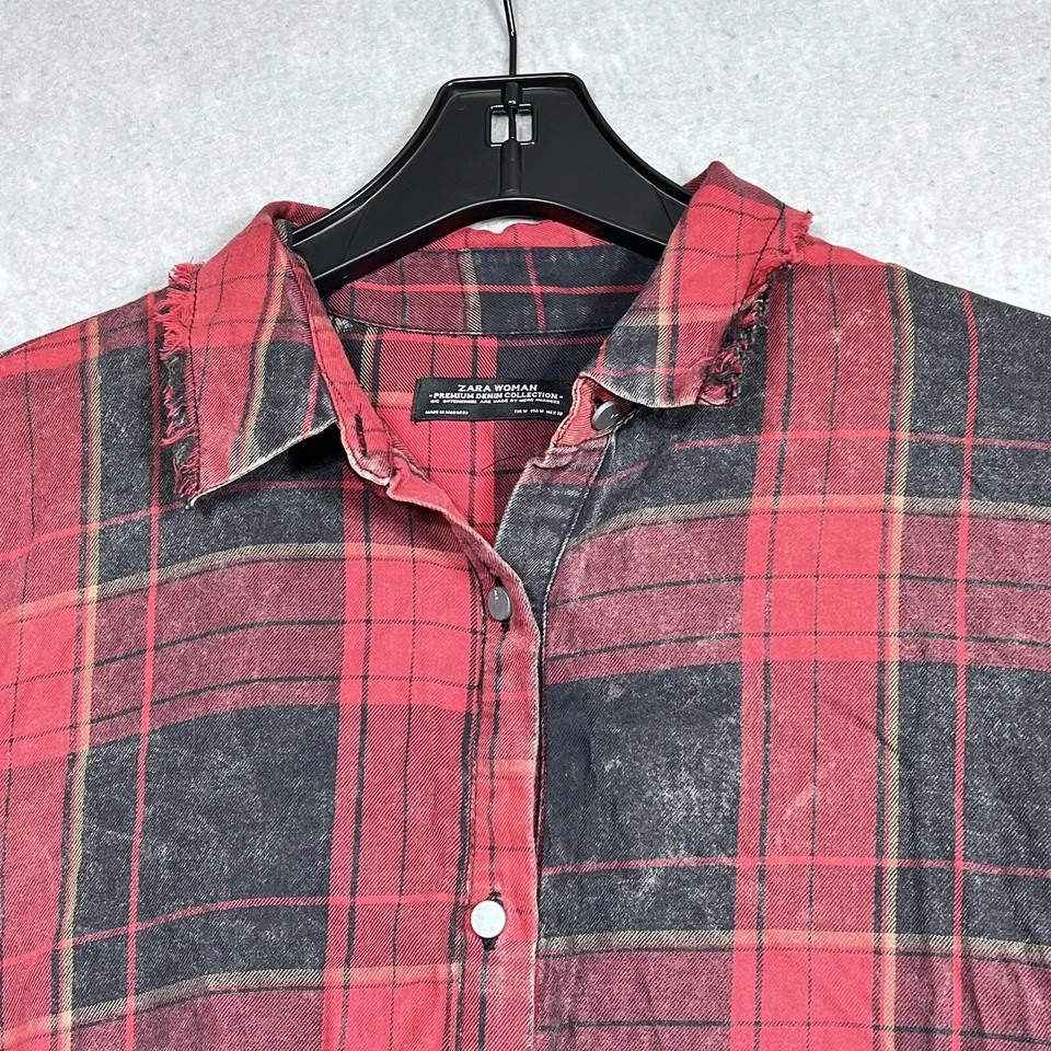 Zara Shirt Womens Medium Red & Black Plaid Button Up High Low Stud Accent Ruffle - Image 2 of 4