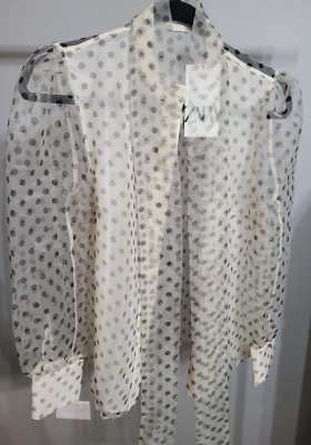 トップス Sheer Polka Dot Ribbon Blouse Zara Organza Blouse Shirt With Bow Detail Black Polka Dot Sheer