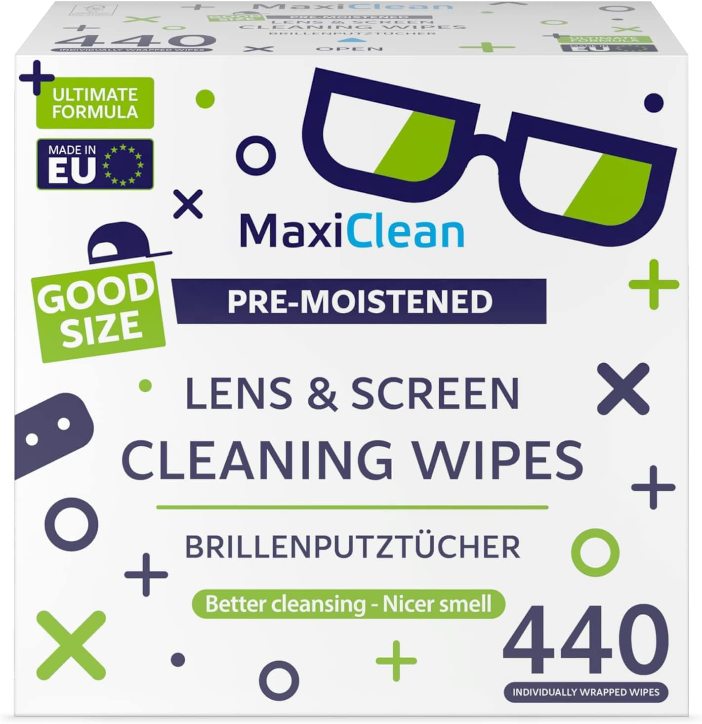 MAXI CLEAN Lens Wipes - 440 Pre-moistened Eyeglass Cleaning Wipes - Cleaner for