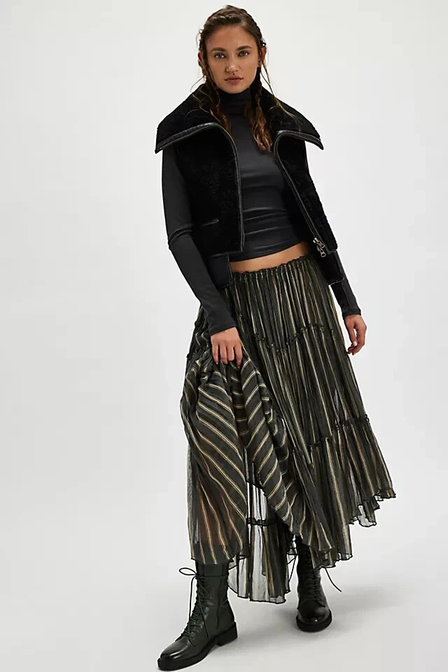 Falda midi estampada Free People FP One Ember a rayas tiro medio asimétrica XS NUEVA CON ETIQUETAS Foto 3 de 4