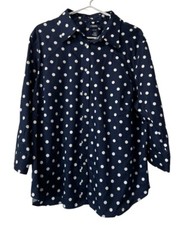 Chaps Women Polka Dot Long Sleeve Button-Up Shirt Blue Size 2X No Iron Career