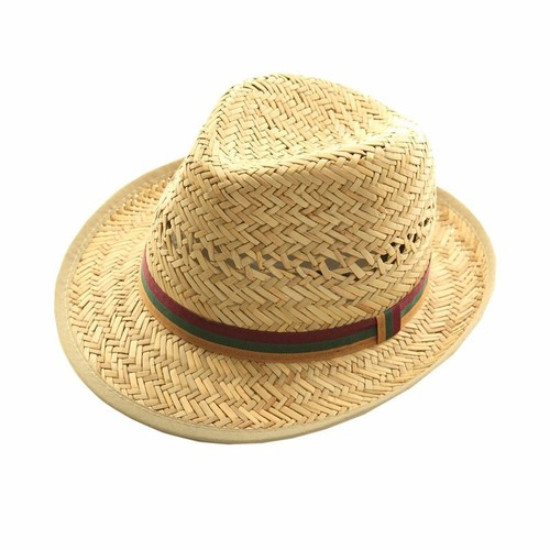 Mens Straw Trilby Hat Summer Trilby Natural with Classic Striped Band