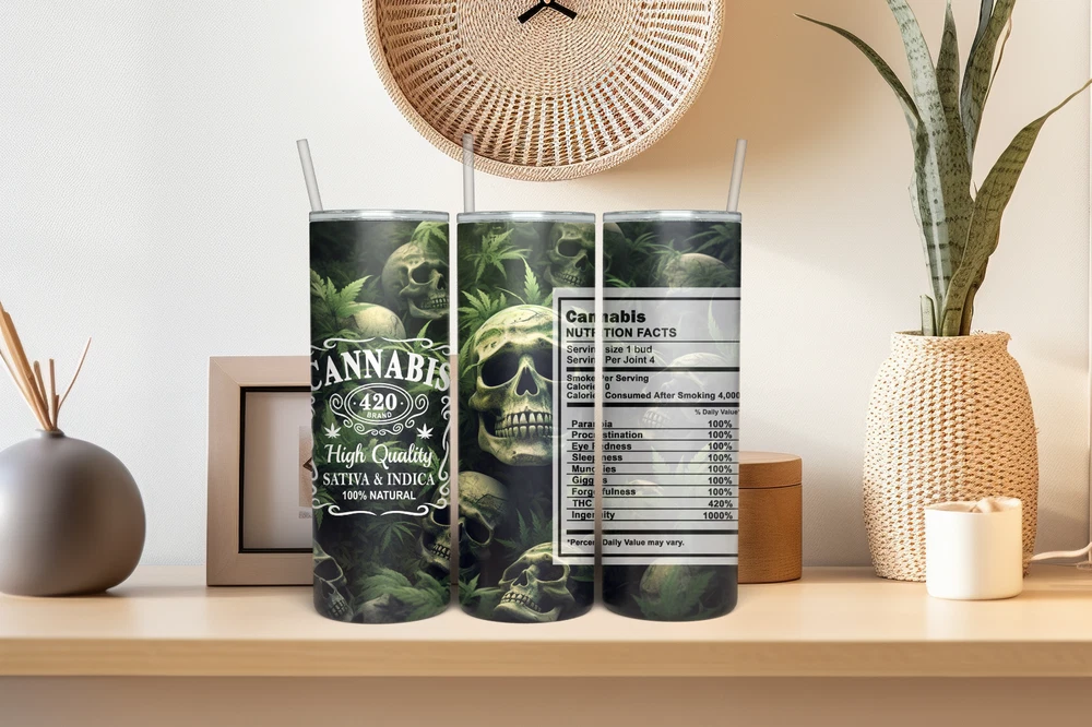 Tumbler Skinny 20oz  w/ Lid & Straw  Weed Leaf Cannabis Marijuana Travel Mug 420