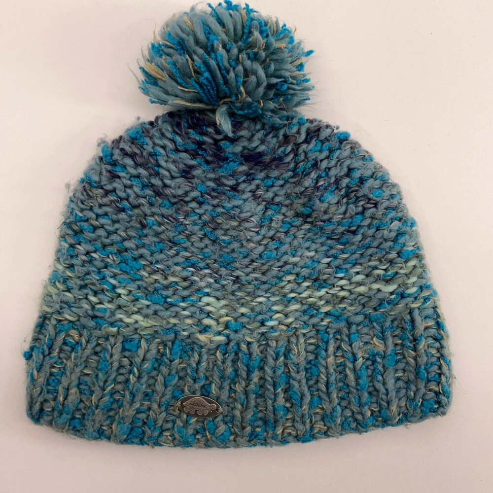 Turtle Fur Blue Gray Colorful Knit Winter Pom Pom Hat Fleece Lined