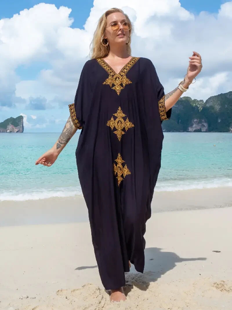 black embroidered beach dress Fit and flare wedding dress with pull-on sleeves – La Novale Atelier main image 0