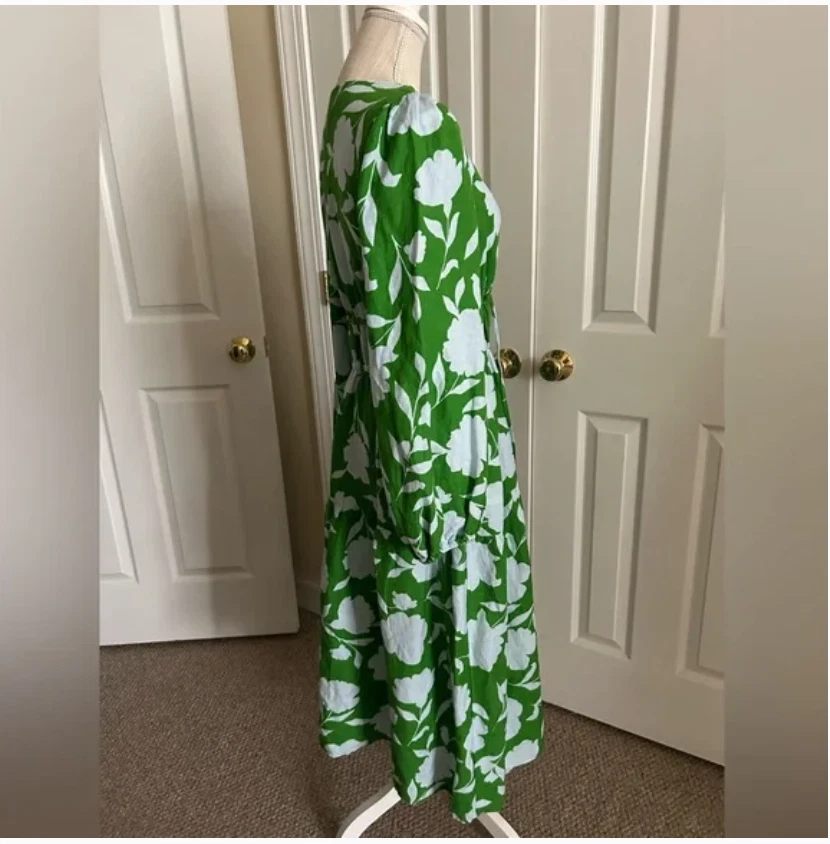 Abito midi Kate Spade lino verde bianco manica lunga taglia S