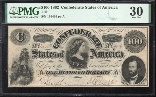 T-49 1862 $100 CONFEDERATE CURRENCY PMG 30 LUCY PICKENS CIVIL WAR 6426 - Picture 2 of 3