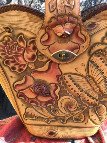 Vintage 1950s Hand Tooled & Painted Martinez Bucket Purse with 3D Roses