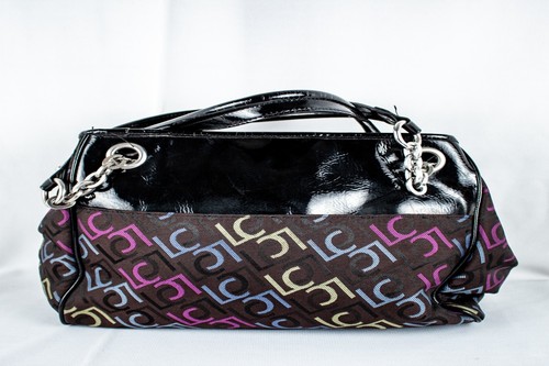 VINTAGE LIZ CLAIBORNE Black Pink Blue Yellow Geometric Large Tot Handbag - Picture 9 of 10