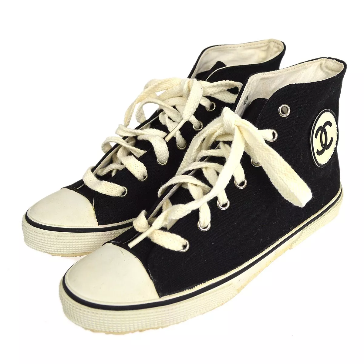 CHANEL CC Logos High Cut Sneakers String Shoes Black White A01852