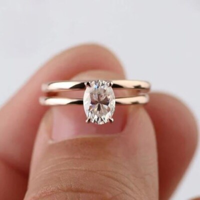 9x7mm Oval Cut VVS1 Moissanite Engagement Band Ring Set  14K White Gold Plated