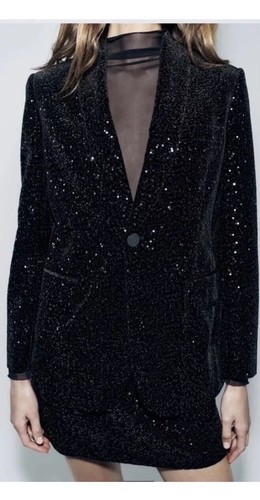ZARA NEW WOMAN ZW COLL. FITTED BLAZER WITH SEQUINS JACKET BLACK Size XS 9455/108 - Picture 4 of 6