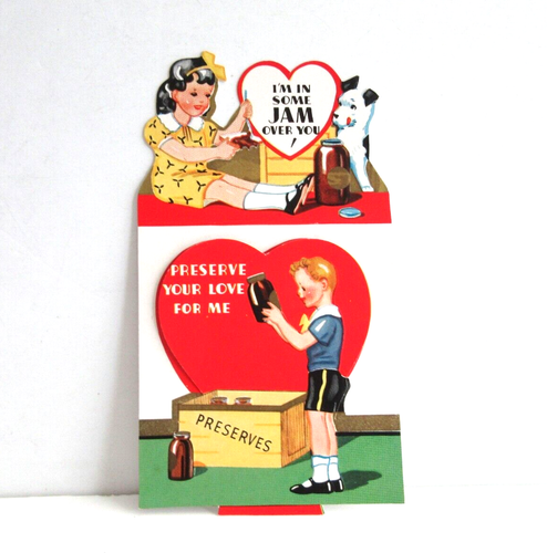 Valentine Card Die Cut Girl Boy Dog Jam Preserves No Envelope Signed 1938