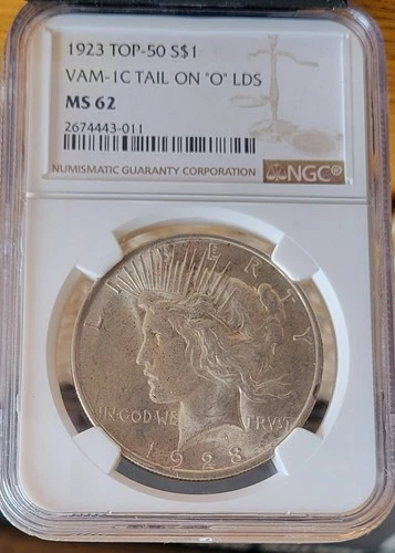 1923 VAM-1C TAIL ON "O" LDS TOP 50 PEACE DOLLAR NGC MS62