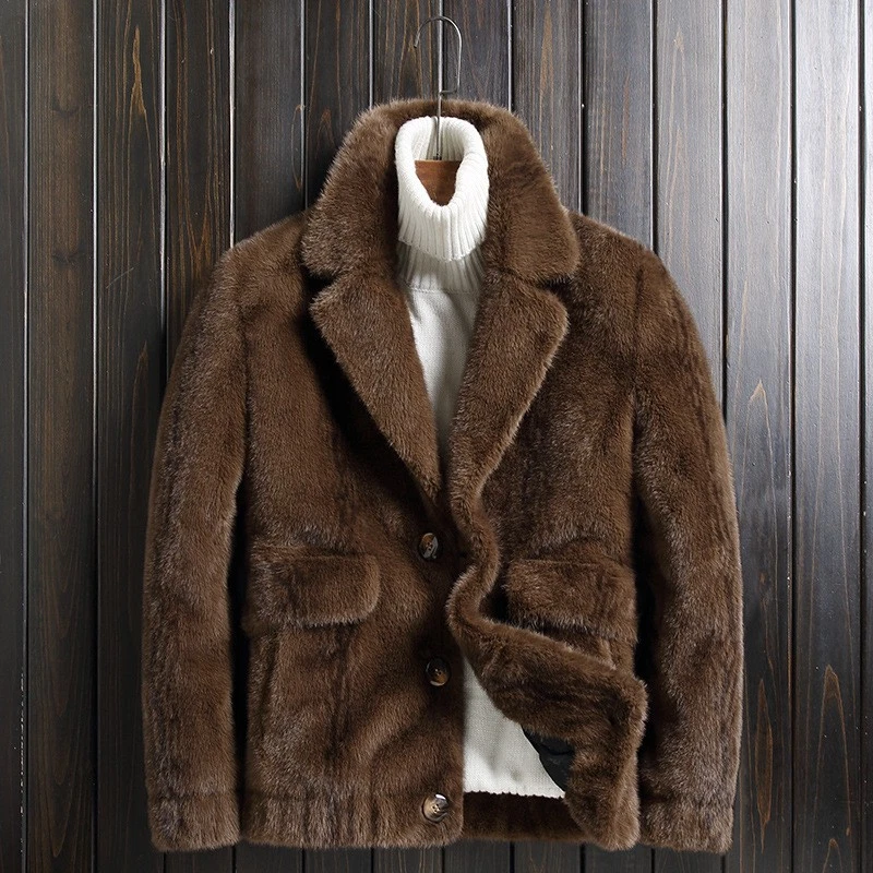 Para hombres Cuello Solapa Traje Chaqueta Piel Visón Terciopelo Botón Abrigo Corto Abrigo Invierno Foto 3 de 4