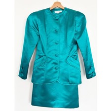 Victor Costa  Vintage Satin Suit Blazer Skirt Set Teal Green US 6