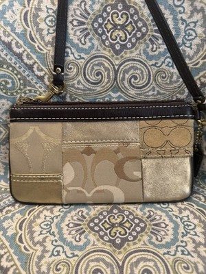 Coach Patchwork Metallic Gold Beige Wristlet with Zip Closure, Wrist Strap