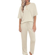 Women  s Waffle Knit Pajama Set Apricot Size Medium