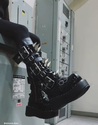 Black PVC Platform Cyber Goth Punk Spike Buckle Combat Women's