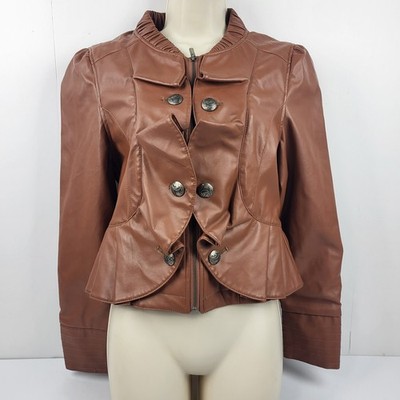 Ruby Rose Faux Leather Brown Long Sleeve Moto Zip Jacket with Ruffle Size Small